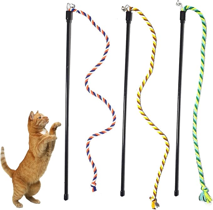 KABASI 3PCS Cat String Wand Toys, Colorful Interactive Cats Teaser Wand with Bell, Plush Srtip Teaser Toy Cat Rope Stick for Indoor Kitten Having Fun Exerciser Playing