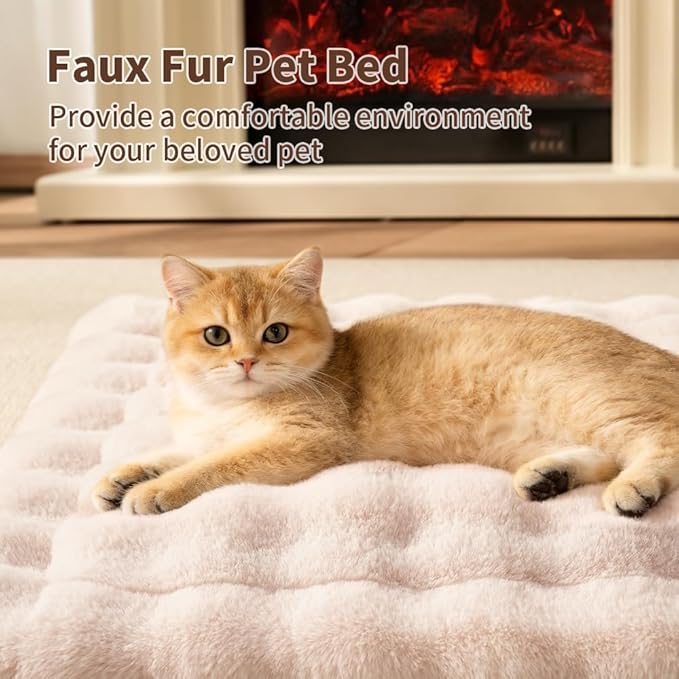 Self-Warming Cat Bed, Plush Faux Fur Pet Bed Mat with Anti-Slip Bottom, Ultra Soft Heated Pad for Cats & Kittens, Cozy Fluffy Bed for Window & Sills Couches, Machine Washable, 23x15 Inch White