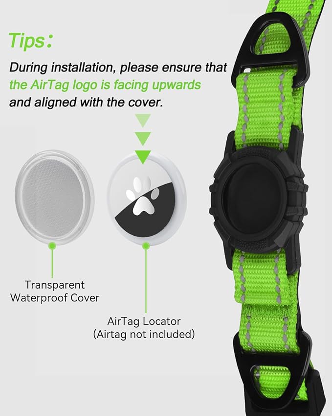 Joytale Airtag Dog Collar, Reflective Pet Collar with Waterproof AirTag Holder, Dual D-Rings, Soft Padded Adjustable for Medium Dogs, Green, M