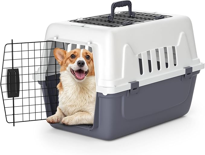 MoNiBloom 22-Inch Dog Crate Plastic 2-Door Top Loading Cat Carrier, Hard-Sided Dog Travel Carrier for Small Dogs and Cats, Ventilation and Security Lock Design for Pets up to 22 lbs (Grey)