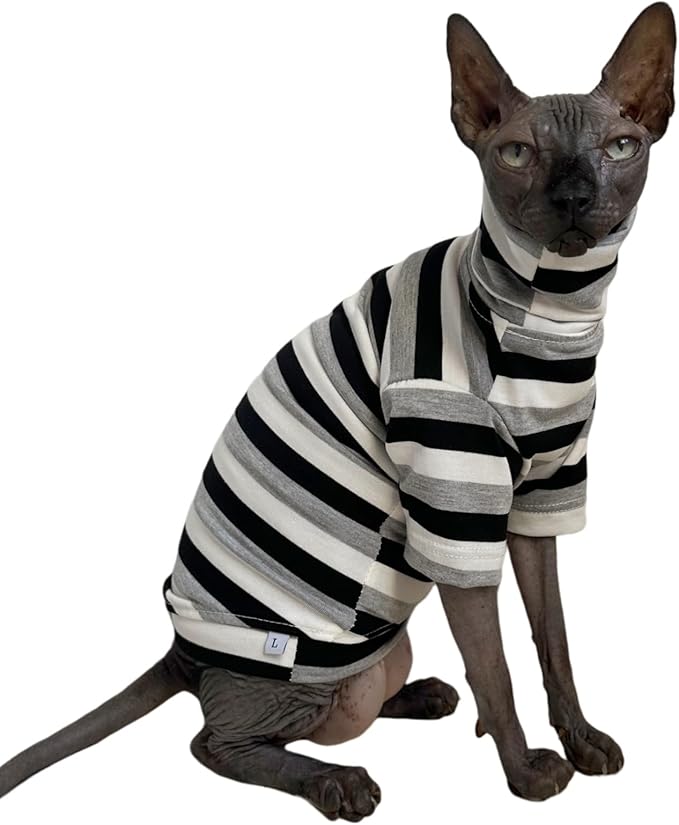Vintage Stripes Sphynx Hairless Cats Shirt Cotton Cat Turtleneck Pet Clothes Kitten T-Shirts with Sleeves for Sphynx Cats (Black Grey White, X-Large)