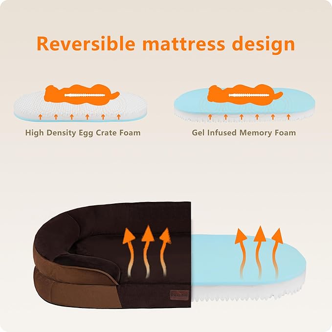 Dwanton Orthopedic Dog Bed for Large Dogs with Gel Memory Foam, Waterproof Dog Sofa, Washable Pet Bed with Four Sided Bolster Cushion, Removable Cover & Non-Slip Bottom, 42", Brown