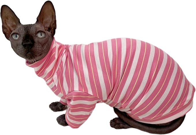 Vintage Stripes Sphynx Hairless Cats Shirt Cotton Cat Turtleneck Pet Clothes Kitten T-Shirts with Sleeves for Sphynx Cats (Sakura, X-Large)