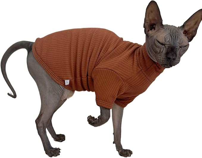Sphynx Hairless Cats Shirt Cotton Cat Turtleneck Sweater Pullover Kitten T-Shirts with Sleeves Cat Pajamas Jumpsuit for Sphynx Cornish Rex, Devon Rex, Peterbald (Coffee, XX-Large (Pack of 1))