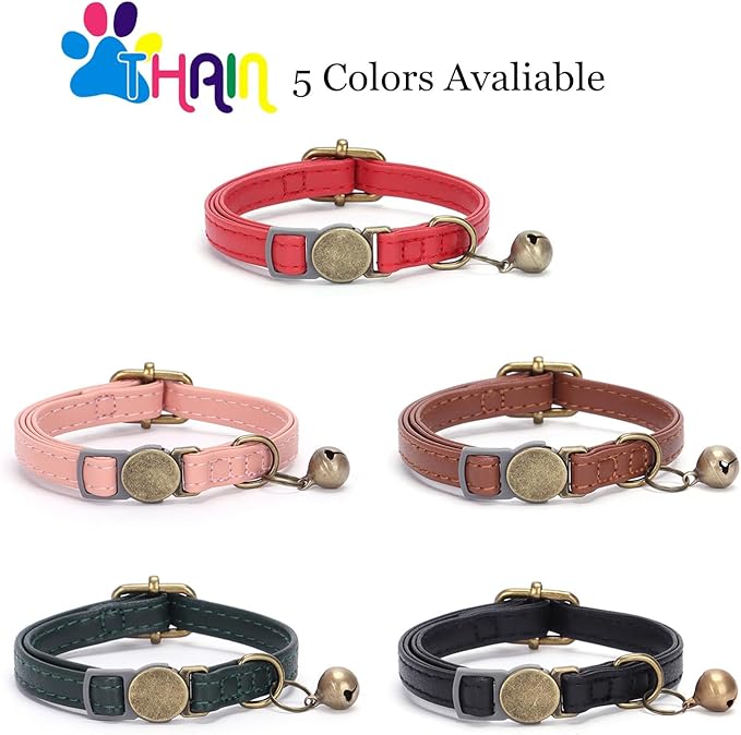 THAIN Leather Cat Collar with Bell Breakaway- Adjustable, Durable, Retro Bell fit Most Cats and Kittens (Red)