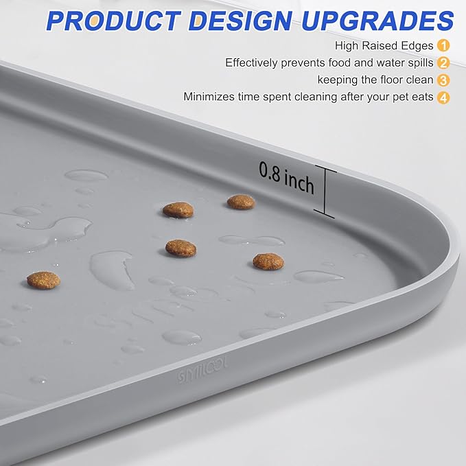 Silicone Pet Feeding Mat with Raised Edge for Food and Water, Dog Bowl Mats, Cat Bowls Placemat with High Lip for Floor Waterproof, Rubber Tray for Cats and Dogs 24 x 16 x0.8 Light Gray