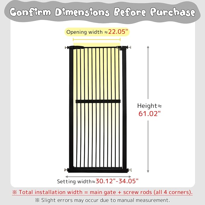 Lumizone Extra Tall Cat Gate 61.02" High Pressure Mounted Extra Wide 30.12"-34.05" (17Sizes) 1.37" Gap No Drilling Auto-Close Tall Pet Gate for Dogs (Black, 30.12"-34.05" W)