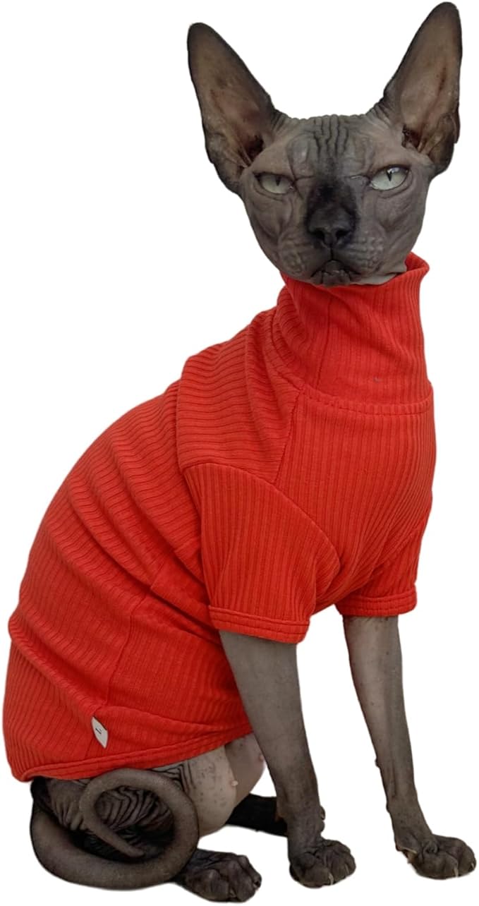 Sphynx Cats Shirt Cat Turtleneck Cotton Sweater Pullover Kitten T-Shirts with Sleeves Cat Pajamas Jumpsuit for Sphynx Cornish Rex, Devon Rex, Peterbald (Sunset, Medium (Pack of 1))