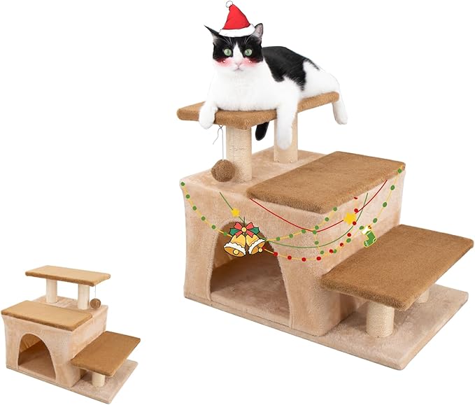 3-in-1 Pet Stairs for Cats for High Bed, Adjustable Dog Steps, Modular 3-Tier, Cushioned Steps & Big Cat Condo, Adjustable Entrance, Dangling Ball, for Kittens, Senior & Fat Cats (Beige, Large)