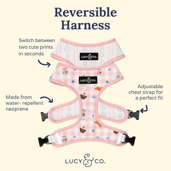 Lucy & Co. Sipping Slowly Reversible Dog Harness, Adjustable Comfort Fit with Dual Leash Attachments, Medium