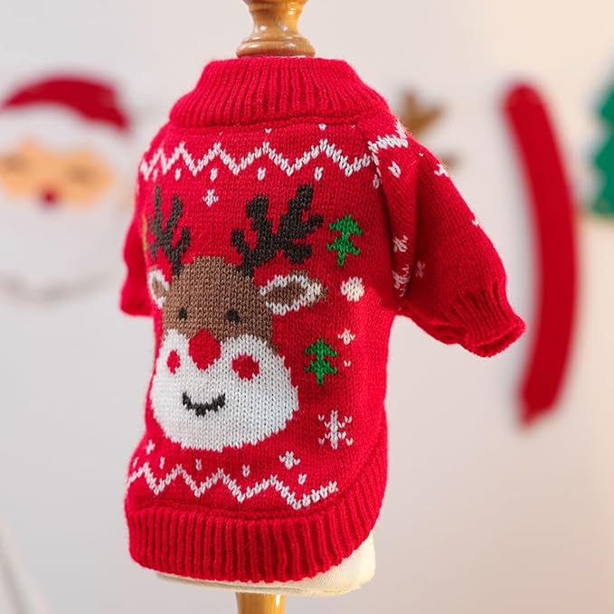 Christmas Dog Outfit Red Puppy Sweater for Small Dogs Girl Boy Elk Snowflake Cat Knitwear Reindeer Knitted Pet Clothes Santa Deer Costume for Chihuahua Yorkie Poodle (Red-2, Small)