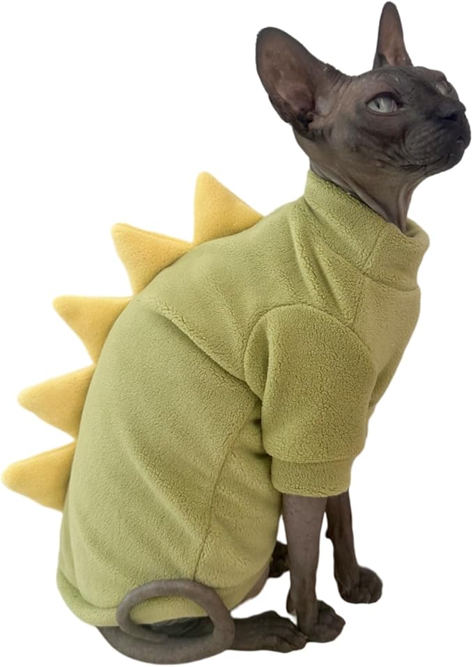 Dinosaur Sphynx Cat Clothes, Soft Polar Fleece Sweater for Cat, Elastic Pet Clothes Thick Winter Warm Outfit for Hairless Cat, Devon, Cornish, Small Dogs Apparel with Sleeves (Green, Large)
