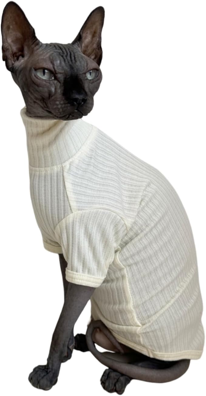 Sphynx Cats Shirt Cat Turtleneck Cotton Sweater Pullover Kitten T-Shirts with Sleeves Cat Pajamas Jumpsuit for Sphynx Cornish Rex, Devon Rex, Peterbald (White, Medium (Pack of 1))