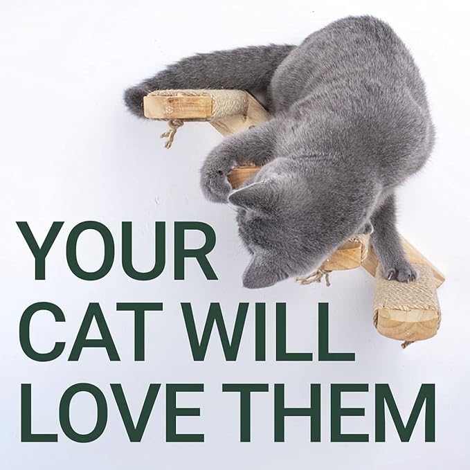 Skywin Cat Wall Steps - Solid Rubber Wood Cat Stairs Great for Scratching and Climbing - Easy to Install Wall Mounted Shelves for Playful Cats (Wood, Right-Left)