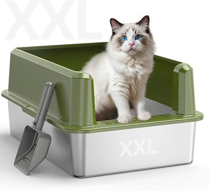 Enclosed Stainless Steel Cat Litter Box with Lid, XL Extra Large Litter Box for Big Cats, Metal Litter Pan High Sided, Never Absorbs Odors, Anti-Urine Leakage, Include Scoop (65-Green)