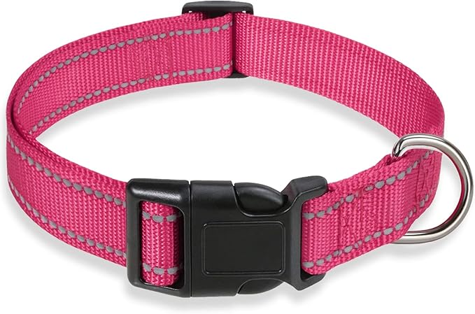 Reflective Dog Collar with Buckle Adjustable Safety Nylon Collars for Small Medium Large Dogs, Pink XL