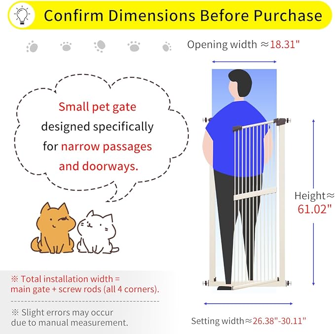 Lumizone Extra Tall Cat Gate 61.02" High Pressure Mounted Extra Wide 26.38"-30.11" (17Sizes) 1.37" Gap No Drilling Auto-Close Tall Pet Gate for Dogs (Cream, 26.38"-30.11" W)