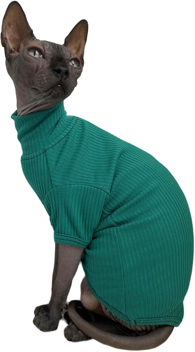 Sphynx Hairless Cats Shirt Cotton Cat Turtleneck Sweater Pullover Kitten T-Shirts with Sleeves Cat Pajamas Jumpsuit for Sphynx Cornish Rex, Devon Rex, Peterbald (Large (Pack of 1), Peacock Green)