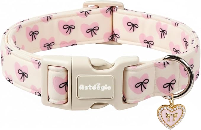 Bow Dog Collar with Pink Heart, Adjustable Cotton Dog Collar for Small Medium Large Dogs, Cute Puppy Collar for Girl Boy Dogs, Ideal for Gifts,Pet Accessory,L