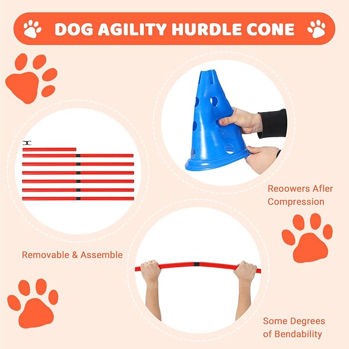 Garvee Dog Agile Hurdle Cone Set, Dog Training Agile Equipment with Height Adjustable Crossbar for Beginners & Advanced,Dog Obstacle Courses with 12 Cones & 6 Agile Rods & Carry Bag