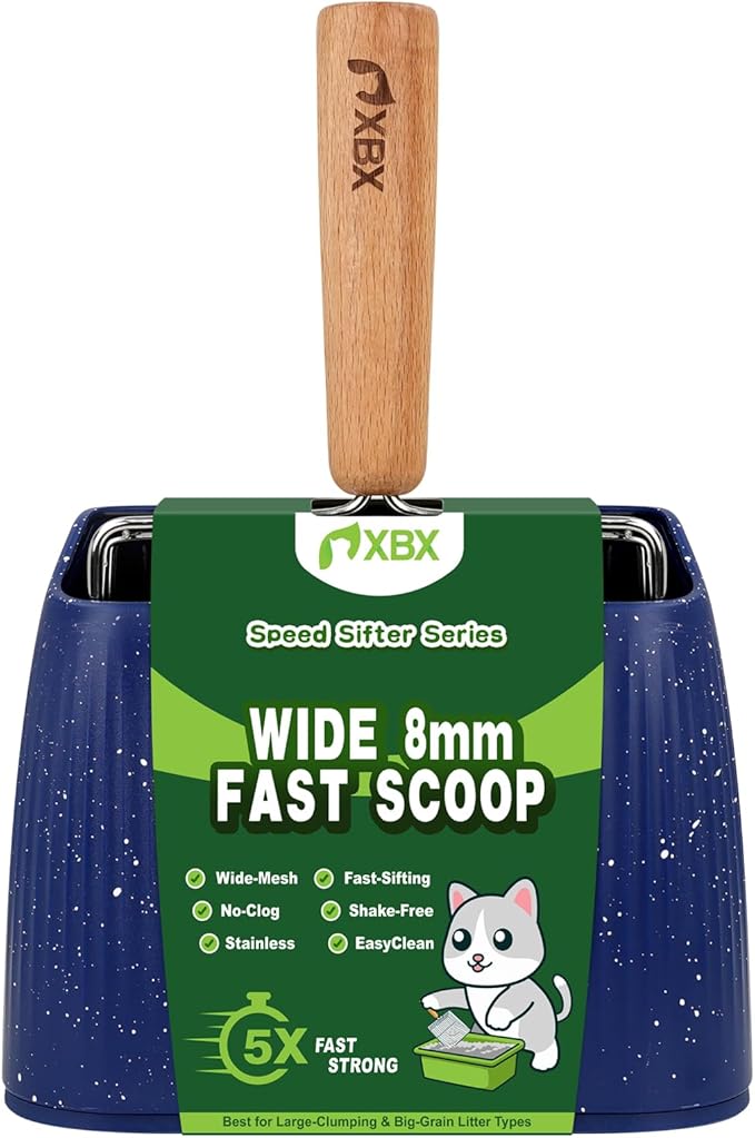 XBX Cat Litter Scoop with Holder, Sturdy Stainless Steel Litter Scooper, Wide Gap Litter Shovel with Beech Wood Handle for Easy Daily Litter Box Cleaning