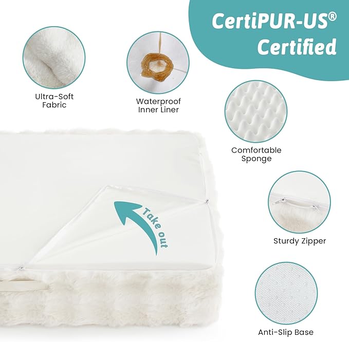 Faux Rabbit Fur Orthopedic Dog Bed, Dog Bed for Large Size, Supportive Foam Pet Sofa with Waterproof Lining Cover, Washable U-Shaped Pet Couch with Anti-Slip Bottom, Beige L 36x27x6.5 inch