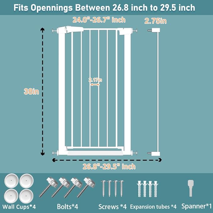 Fairy Baby Narrow Baby Gate 26.8 Inch to 29.5 Inch Wide, 38" Extra Tall Metal Safety Child Gate Auto Close Walk Through Pet Gates Pressure Mounted or Small Stairs and Doorways Indoor No Drill, White
