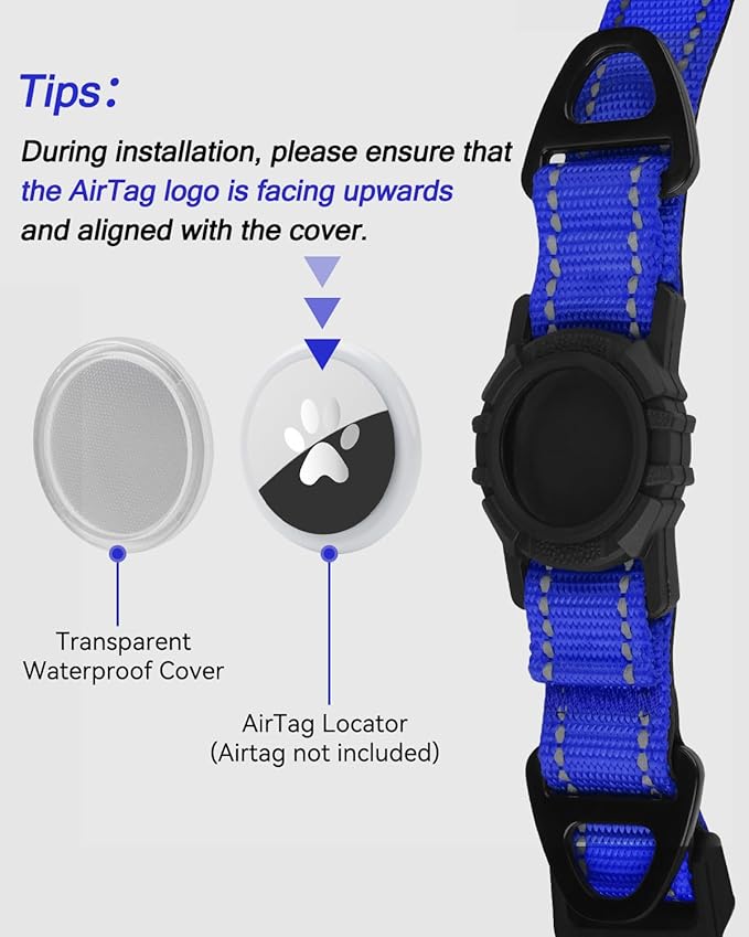 Joytale Airtag Dog Collar, Reflective Pet Collar with Waterproof AirTag Holder, Dual D-Rings, Soft Padded Adjustable for Large Dogs, Navy Blue, L