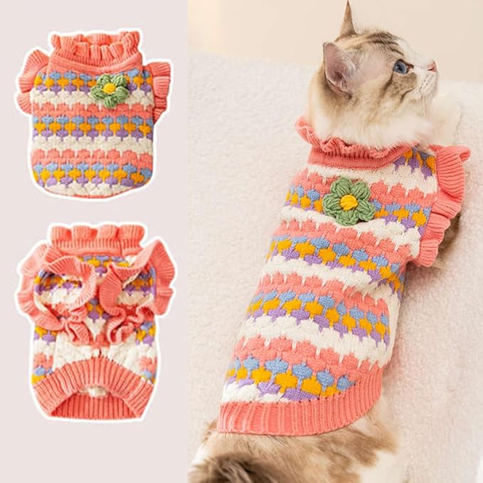Small Dog Sweater, Knitted Tulip Cat Sweater, Warm Thick Holiday Puppy Clothes for Small Dog Girl,Cold Weather Outfit for Kitten Chihuahua Yorkie Teacup Dachshund Pug (Pink, Large)