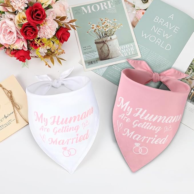 SZEE Bridal Shower Gifts for Bride, 2 Pack My Humans are Getting Married Dog Bandanas, Wedding or Engagement Gift for Couples, Dog Wedding Bandanas, Engagement Party Decorations (Pink & White, XL)