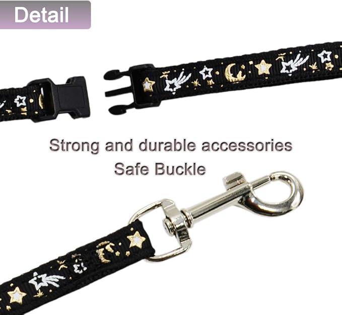 Cat Harness and Leash Set for Outdoor Walking Escape Proof Adjustable Soft Safety Strap with Golden Star and Moon Design Glow in The Dark Black Large