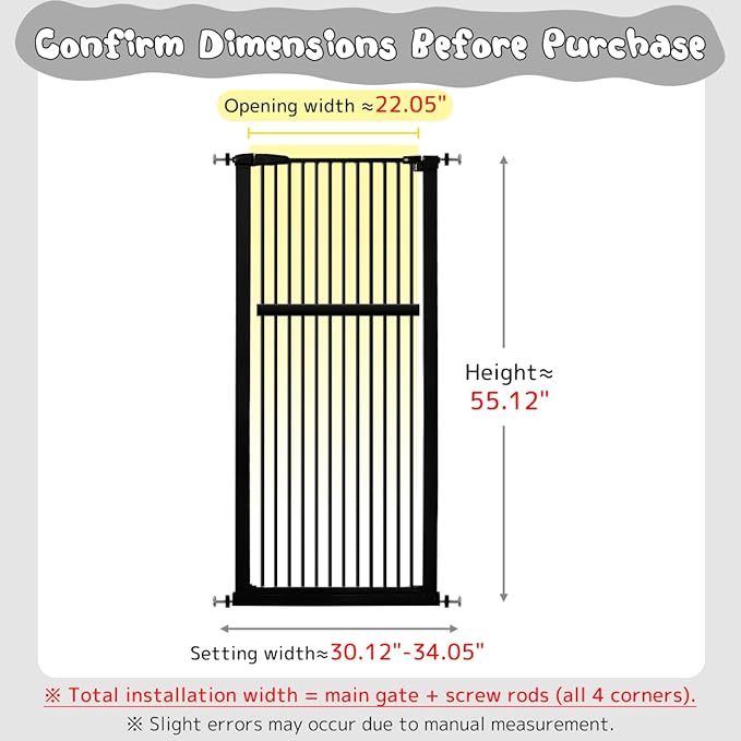 Lumizone Extra Tall Pet Gate 55.12" High Pressure Mounted 30.12"-34.05" Extra Wide (9 Sizes) 1.37" Gap for Cat Dog Stairs Doorway Hallway No Drilling Auto-Close (30.12"-34.05" W, Black)