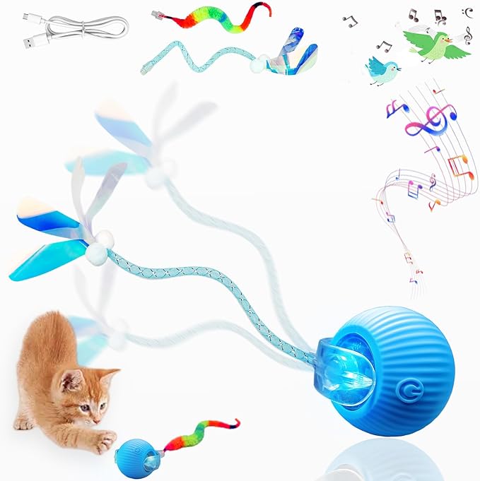 New Upgraded Cat Ball Toy - Speedy Tail 2.0 Cat Toy, Interactive Cat Toy Ball, Stimulating Toys and Juguetes para Gatos, Cat Toys for Bored Indoor（Sound Switchable） (Blue)