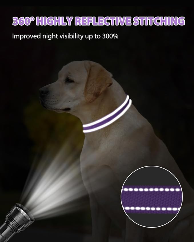 Joytale Large Dog Collar, Reflective and Adjustable Nylon Pet Collar with Quick-Release Buckle for Large Dogs, Purple, L