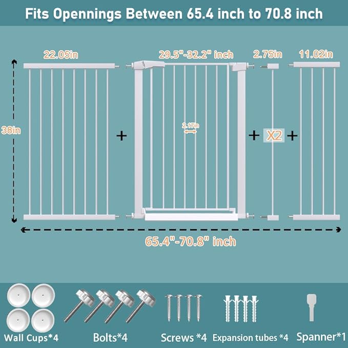 Fairy Baby 38" Extra Tall Baby Gate, 65.4"-70.8" Extra Wide Long Pet Gate for Dogs Cats Puppy, Metal Auto Close Safety Child Gate for Stairs Doorways, Pressure Mounted Gate Fence No Drill, White