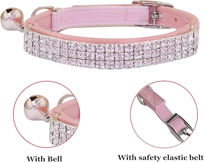 THAIN Rhinestones Cat Dog Collar Soft Velvet Safe Adjustable Collar Bling Diamante with Bells, 8-11 inch for Small Dogs and Cats (Black)