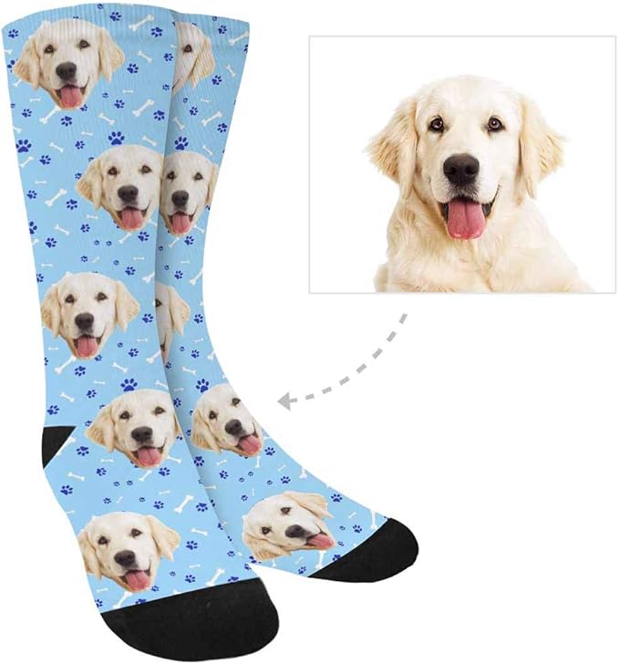 MyPupSocks Custom Personalized Photo Pet Face Socks, Cat and Dog Tracks Paws Bones Crew Socks with Picture for Men Women