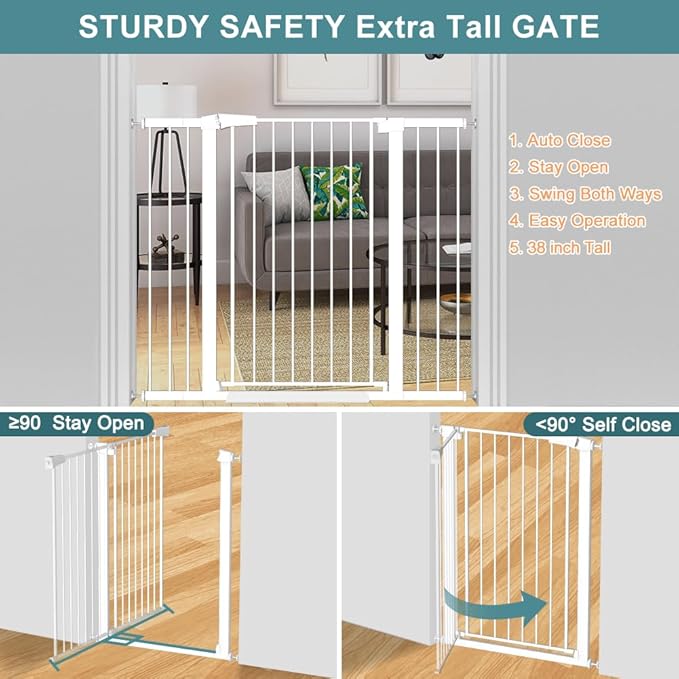 Fairy Baby 38" Extra Tall Baby Gate for Stairs, Fits 29.5" to 32.2" Wide Openings, Metal Auto Close Dog Gate Indoor for The House Doorways, Pressure Mounted Pet Cat Gate for Toddler Kids, White