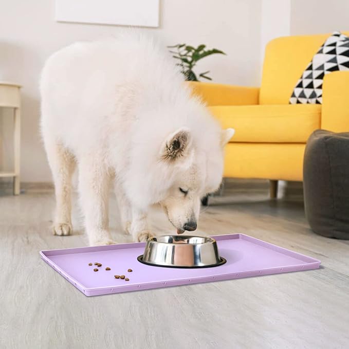 Dog Food Mat,Silicone Waterproof Food Tray,Non Slip Pet Bowl Mats Placemat,0.6" Raised Edge,Suitable for Most Small and Medium Sized Pets,18.5" x 11.5"
