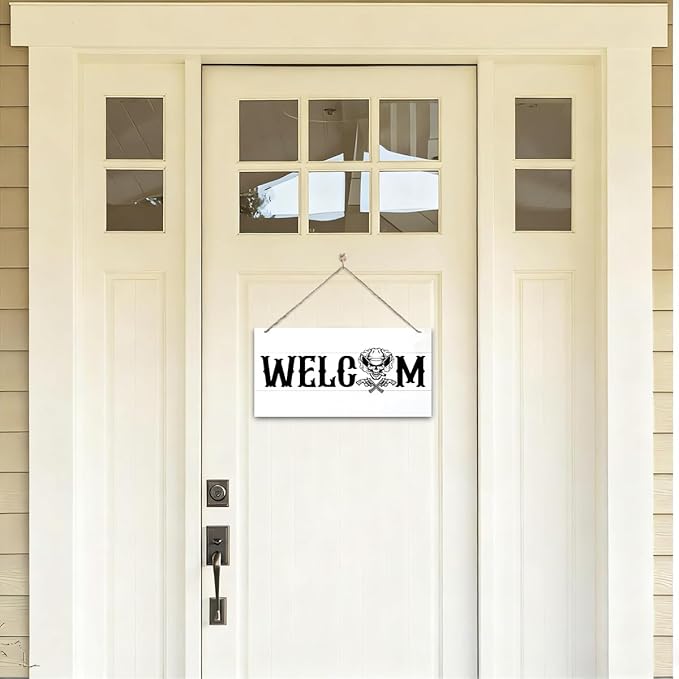 Welcome Sign for Front Door, Welcome Decor Wooden Hanging Sign for Wall Decor, CowBoy Skeleton Pattern Hanging Signs, Funny Wooden Outdoor Front Door Decoration 13.8X6.9 inches