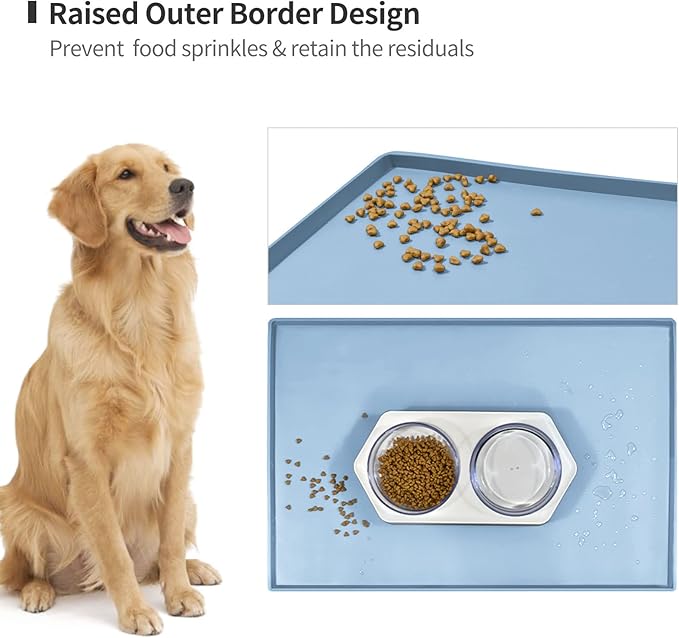 Dog Food Mat,Silicone Waterproof Food Tray,Non Slip Pet Bowl Mats Placemat,0.6" Raised Edge,Suitable for Most Small and Medium Sized Pets,18.5" x 11.5"