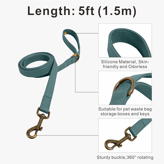 Dog Collar and Leash Set,Leather Silicone Waterproof Odor-Proof Dog Collar and Leash for Small Dogs, Soft Flexible Dog Collars, Durable Thick Adjustable Pet Collar (Green, Small (9-14" Neck))