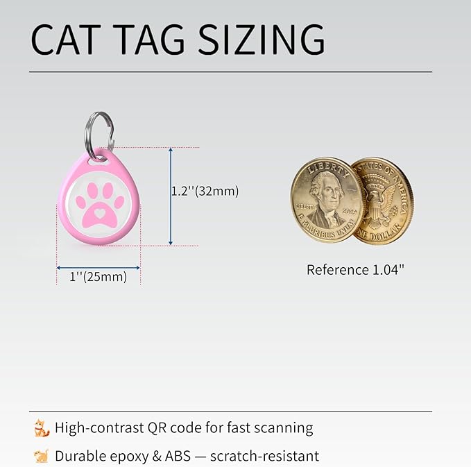 Smart QR Code Cat ID Tag – Free Forever Online Profile, No Subscription Pet Safety Tag, Instant Owner Alert on Scan, No App Required, Anti-Lost Cat ID Tag QR Code（Pink 1 Inch）