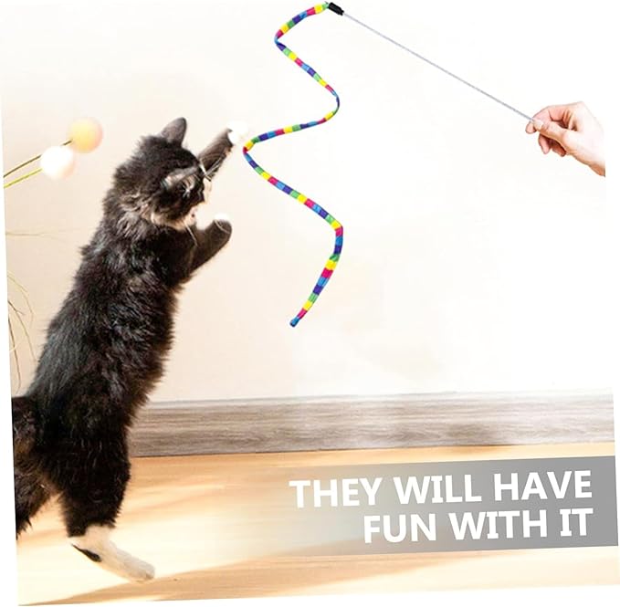 KABASI 3PCS Interactive Cat Rainbow Wand Toys, Colorful Cats String Toy Teaser Wand Sturdy Pole with Spring Balls for Kitten Cat Having Fun Exerciser Playing Indoor and Outdoor