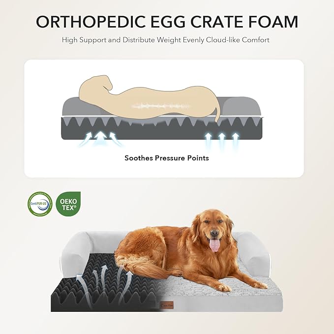 Orthopedic Dog Beds for Extra Large Dogs, Waterproof Egg Crate Foam XL Dog Bed with Sides 48x30Inch, Big Dogs Couch Beds with Removable Washable Cover and Nonskid Bottom, Grey White