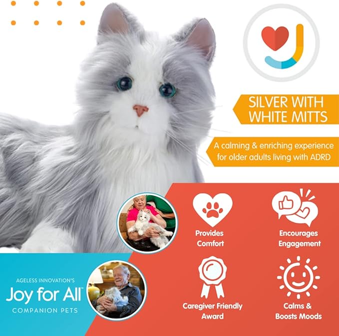 JOY FOR ALL Companion Pet for Seniors - Lifelike Animatronic Cat - Realistic Soft-Touch Fur & Purring - Therapy Stuffed Animal - Toy for Alzheimer's & Dementia - Silver w/White