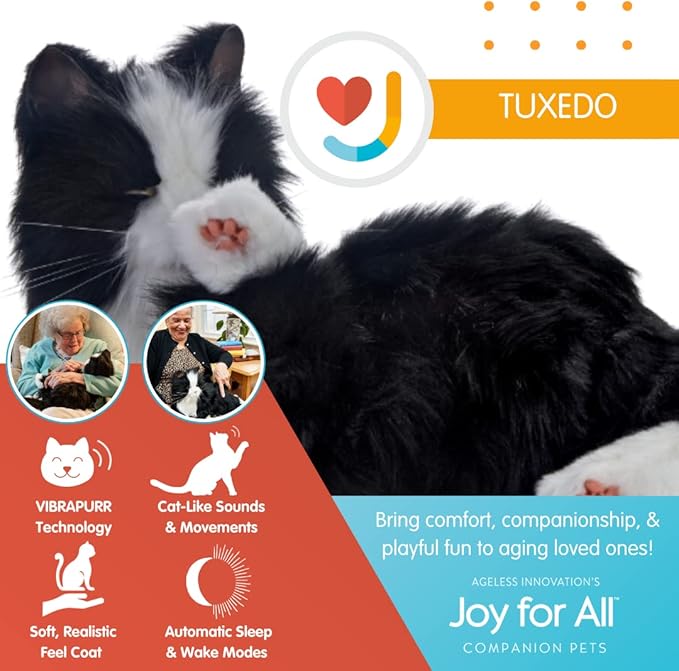 JOY FOR ALL Companion Pet for Seniors - Lifelike Animatronic Cat - Realistic Soft-Touch Fur & Purring - Therapy Stuffed Animal - Toy for Alzheimer's & Dementia - Tuxedo