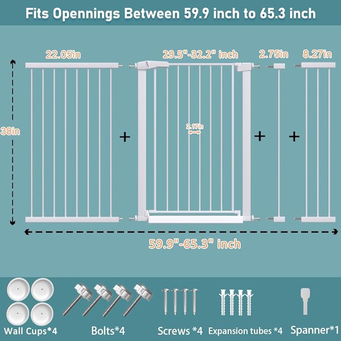 Fairy Baby 38" Extra Tall Baby Gate for Stairs and Doorways, 59.9"-65.3" Extra Wide Long Pet Gate, Metal Auto Close Safety Child Gate Fence for Puppy Pet, Pressure Mounted Walk Through Gate, White