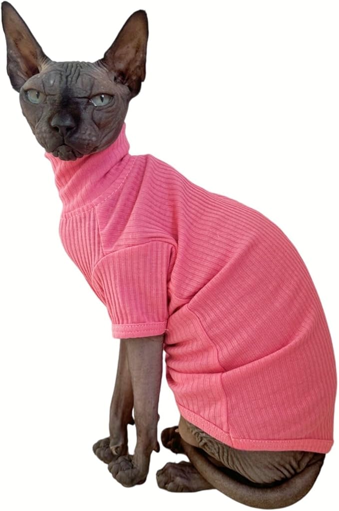 Sphynx Hairless Cats Shirt Cotton Cat Turtleneck Sweater Pullover Kitten T-Shirts with Sleeves Cat Pajamas Jumpsuit for Sphynx Cornish Rex, Devon Rex, Peterbald (Large (Pack of 1), Rosey Pink)