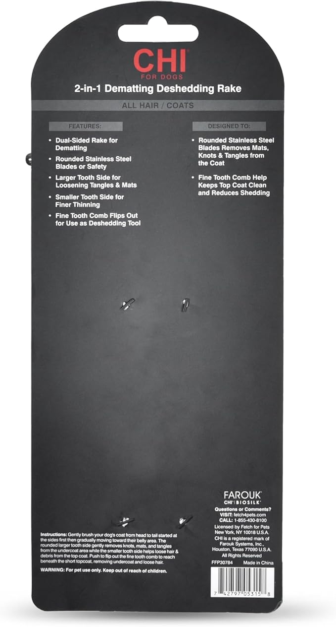 CHI for Dogs 2 in 1 Dematting and Deshedding Rake, Dual Head Dog Grooming Tool with Wide Tooth Dematting Rake and Fine Deshedding Rake, Detangler Comb for Thick Double and Long Dog Coat